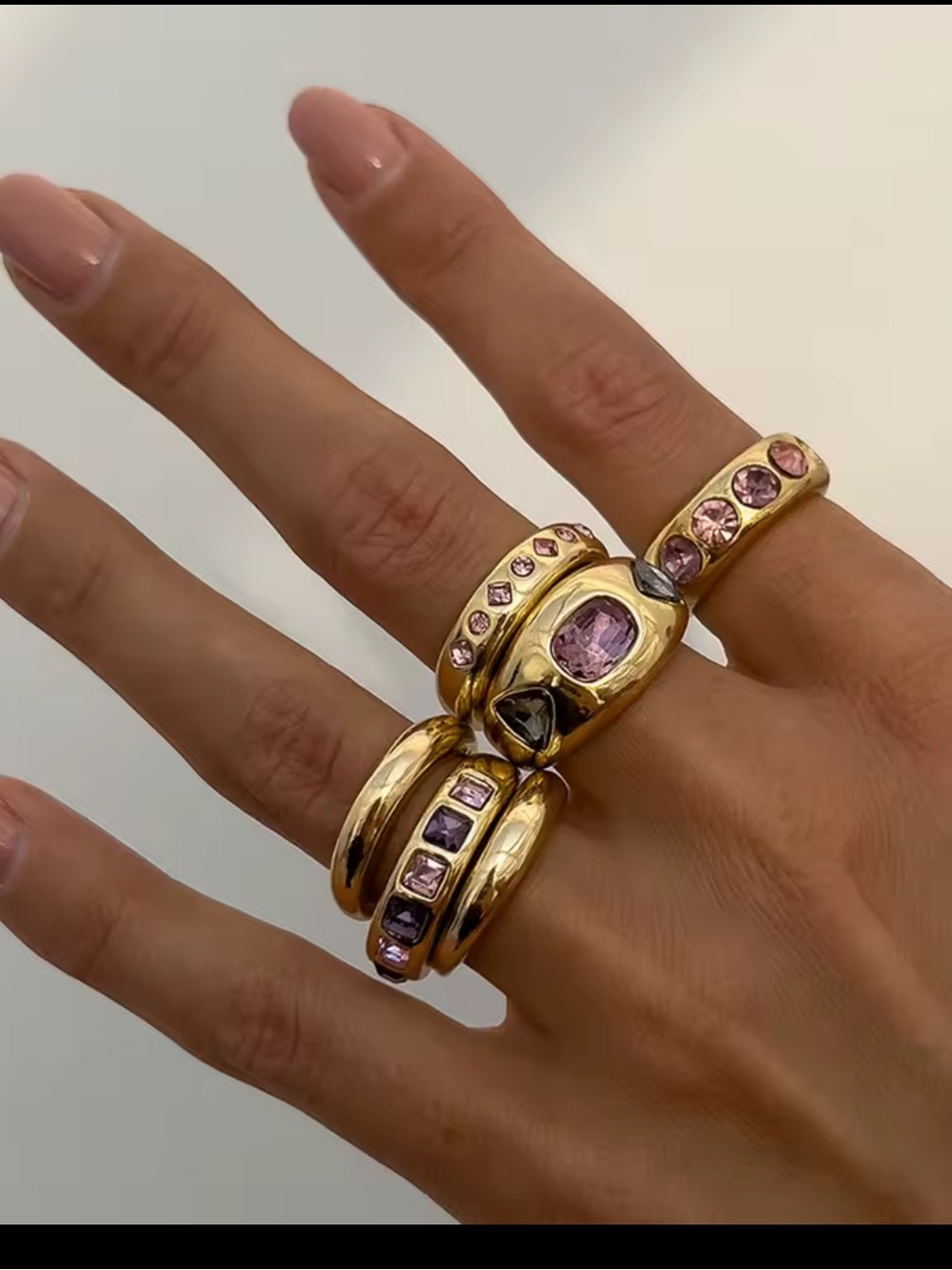 Gold-Plated Pink Stone Stackable Rings